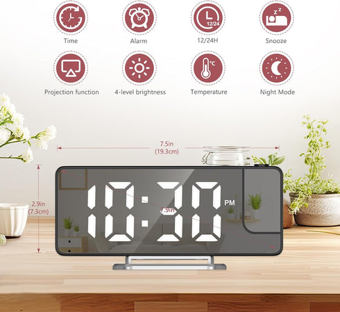 Projection Alarm Clock for Bedroom, Digital Clock with 180° Rotatable Projector, 7.9'' Large Display LED Alarm Clock with Temperature, Snooze, Adjustable Brightness, for Home by LOFICOPER