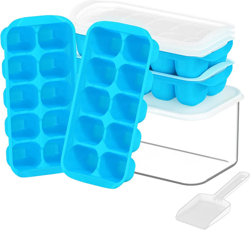 DOQAUS Ice Cube Tray with Lid and Bin, 4 Pack Easy Ice Pop Out Silicone Ice Cube Trays for Freezer, Stackable Storage