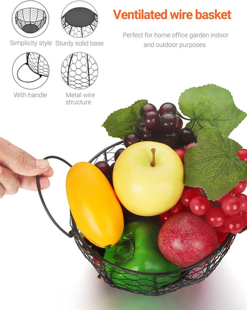 Round Wire Basket Black - Fruit Basket Bowl with Handle for Kitchen Storage of Vegetables and Snacks