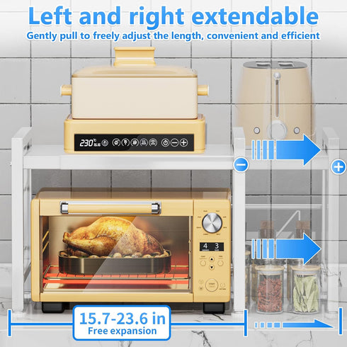 Adjustable Over the Microwave Shelf, 2 Tier Microwave Rack with Spice Organizer and Hooks for Kitchen, White