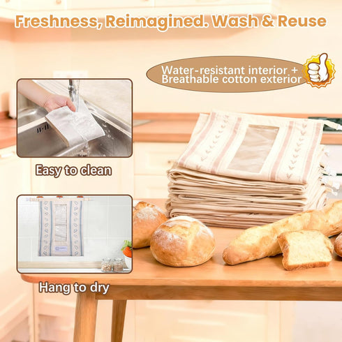 Tag(2 Pack) Reusable Bread Bags, Cotton & TPU Lining Bread Bags with Transparent Window, Anti-Slip Lock Keeps Homemade