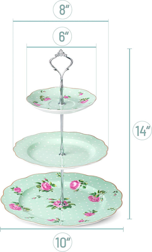 3-Tier BTaT- Porcelain Dessert Tower, Green Afternoon Tea Stand, Sandwich & Plate Stand