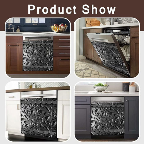 Black Floral Dishwasher Magnet – Engraved Dark Pattern Sticker for Fridge – Magnetic Panel Decals for Home Appliances