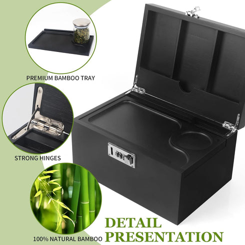 Large Black Bamboo Box with Combination Lock, Decorative Storage Box with Detachable Compartment and Jars