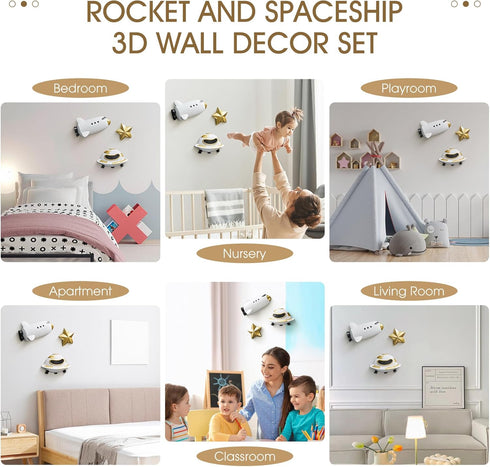 3Pcs 3D FJS Rocket Spaceship Outer Space Wall Decor, Cute Wall Sculptures for Boys Room Decor, Astronaut Galaxy Nursery