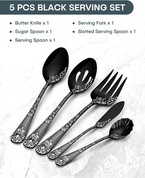 EUIRIO 5PCS Serving Utensils,Serving Set Includes Large Serving Spoon Slotted Serving Spoon Serving Fork Sugar Spoon&Butter Knife,Stainless Steel Flatware Serving set for Buffet Party,Dishwasher Safe by EUIRIO