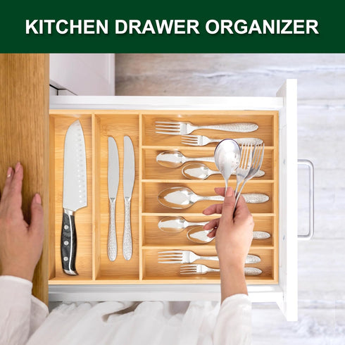 Bellsal Natural Utensil Organizer 12.5 Inch Silverware Organizer for Drawer Utensil Holder Cutlery Organizer Kitchen Drawer Organizer 7 Compartment Small Narrow Bamboo by Bellsal
