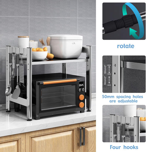 Extendable Adjustable Microwave Oven Rack, 2-Tier Stainless Steel Kitchen Counter Shelf with 4 Hooks