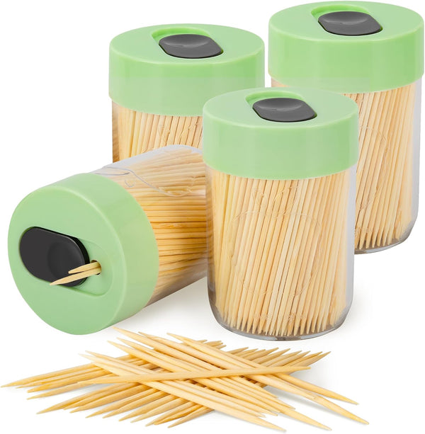 Urbanstrive Sturdy Toothpick Holder with 1600 Natural Wood Toothpicks, Unique Home Design, 4 Pack