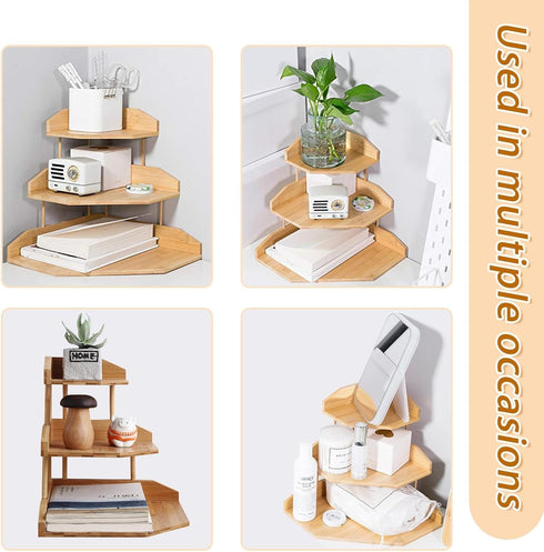 3-Tier HYNAWIN Bamboo Corner Desk Organizer Shelf, Triangle Storage Rack for Office & Home, Space-Saving Desktop Shelf