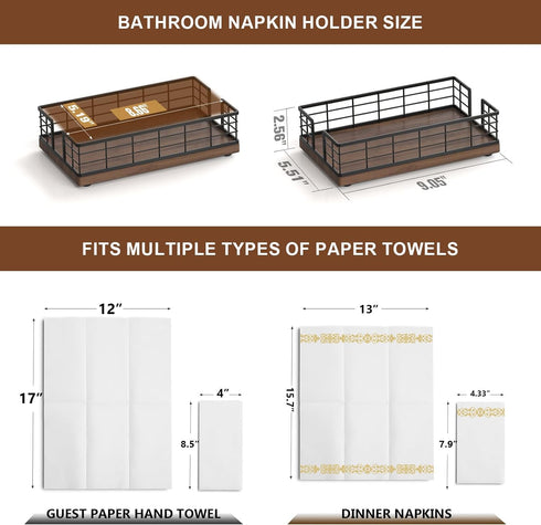 Guest Towel Holder Tray for Bathroom, Oak and Iron Napkin Holder for Powder Room, Black & Walnut