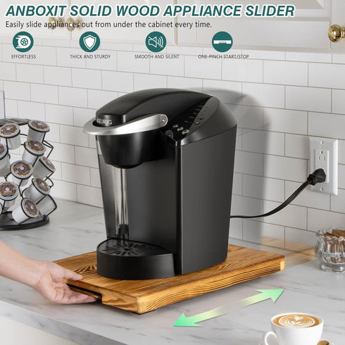 Wooden Appliance Slider for Coffee Maker, Rustic Brown Deep Kitchen Caddy Rolling Tray, Coffee Pot Slider