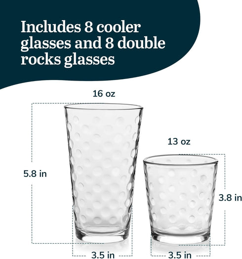 Libbey Awa Tumbler and Rock Glasses Set - Elegant Polka Dot Drinking Glasses, 16 All Purpose Cups for Events