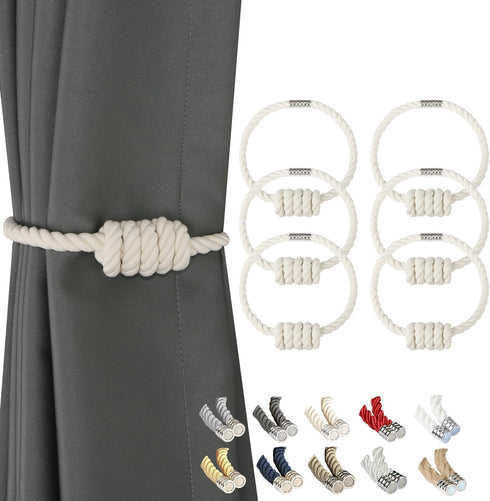 BEL AVENIR Magnetic Cotton Curtain Tiebacks, Decorative Drapery Holdbacks with Exquisite Knot, 6 Pack