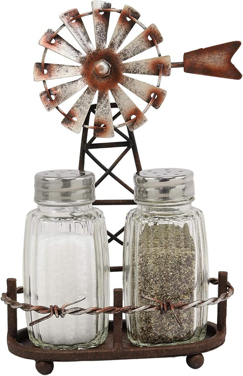 Ebros 6.5" Tall Rustic Country Farm Windmill Salt And Pepper Shakers Holder Display Stand Set in Aged Bronze Finish