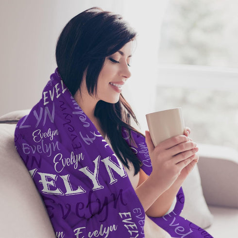 Personalized Custom Purple Theme Light Soft Flannel Fleece Throw Blanket with Name for Men, Women, Boys, Girls, Kids