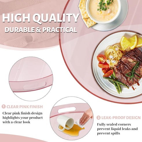 13" MAONAME Clear Round Serving Tray with Handles, Plastic Clear Tray, Round Pink Decorative Trays for Coffee Table