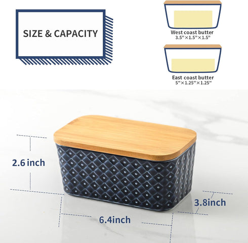 Hasense Large Ceramic Butter Dish with Lid, Navy Blue Embossed Pattern, Airtight Butter Keeper for Countertop, Easy