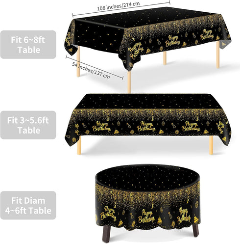 Aneco 2 Pack Black Gold Happy Birthday Tablecloths - Party Table Covers for Decorations (108 x 54 Inches)