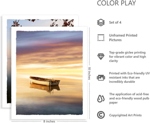 Color Play Lake Scene Wall Art Sunset Pictures Nature Landscape Prints Boat Wood Dock Artwork for Living Room Bedroom Office Decor UNFRAMED 8x10 Inch 4 piece