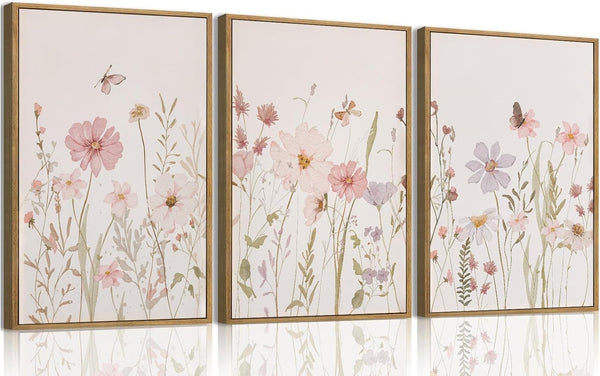 Wodkwq 3 Piece Framed Wall Art Wildflower Wall Decor Botanical Canvas Art