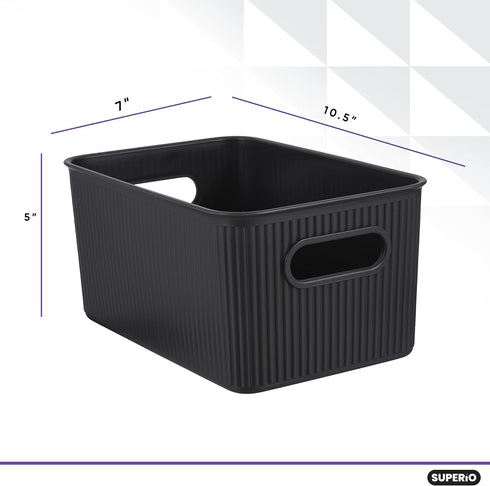 Superio Ribbed Collection - Medium Brown Decorative Plastic Lidded Storage Bins Organizer Baskets (2 Pack - 5 Liter)