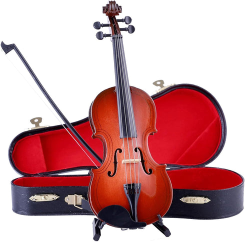 Dselvgvu (7.87"x2.76"x1.26") Wooden Miniature Violin with Stand, Bow and Case Mini Musical Instrument Violin Replica