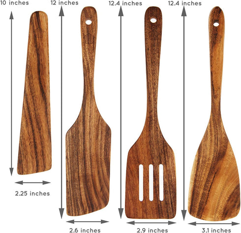 Wooden Spatula for Cooking - Teak Utensils Set of 4 including Paddle, Turner, Slotted Spurtle, and Scraper