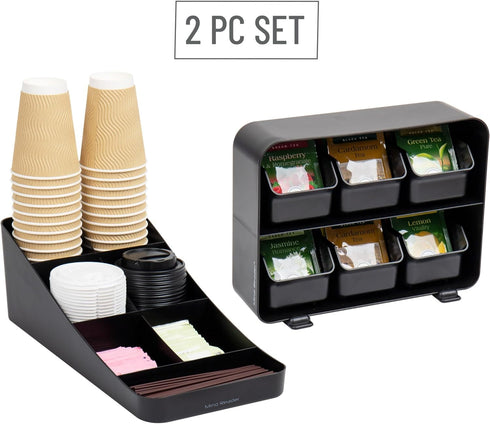 Mind Reader Tea Storage Cup and Condiment Station, Set of 2 Countertop Organizer for Kitchen (Black)