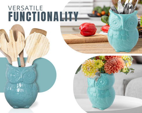 Comfify Decorative Owl Utensil Holder, Aqua Blue Ceramic Cookware Crock & Organizer, 5” x 7” x 4” Size