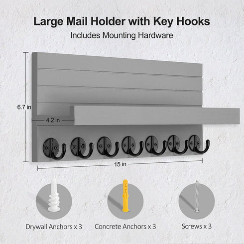 Key Holder Wall Mount, Entryway Key and Mail Holder with 7 Sturdy Hooks for Sunglasses, Dog Leash, Decorative Wall Shelf with Mounting Hardware, 15”W x 6.7”H x 4.2”D (Gray) by Lwenki
