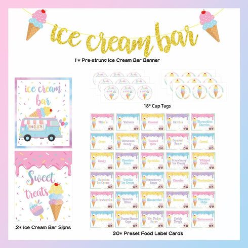 Ice Cream Bar Decor Kit, Summer Ice Cream Sundae Bar Glitter Banner, Food Labels for Party Supplies