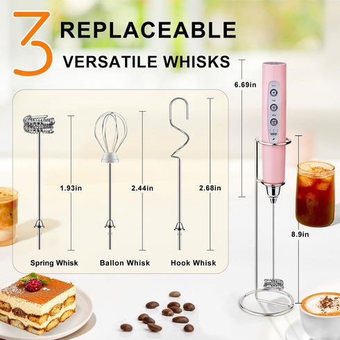 YUSWKO Pink Handheld Milk Frother with Stand, Rechargeable Electric Whisk, 3 Heads, 3 Speeds for Coffee, Latte