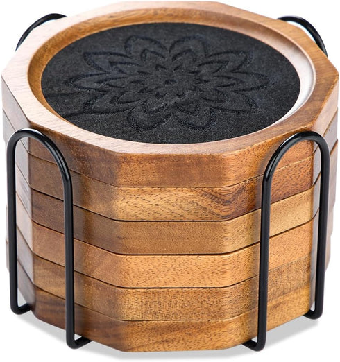 LiWiBet 4.3 Inch Set 6 Wood Coasters for Drinks Absorbent with Lip, Rustic Acacia Wood Black Felt Coaster with Holder