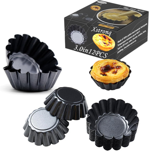 Egg Tart Molds, 12PCS Mini Carbon Steel Non-Stick Tart Pans for Baking (3 Inch)