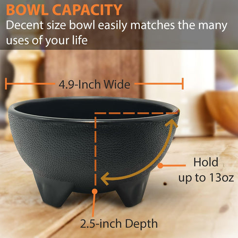 Salsa Bowls – 6 Pack (Black), 13oz BPA FREE Small Bowl Unbreakable Mexican Molcajete Chips Guacamole, Serving Dish, Sauce Cup, Side bowl, Snack, Chips, Dip, Nuts, Candy, Ice Cream, Party Use by KSEV
