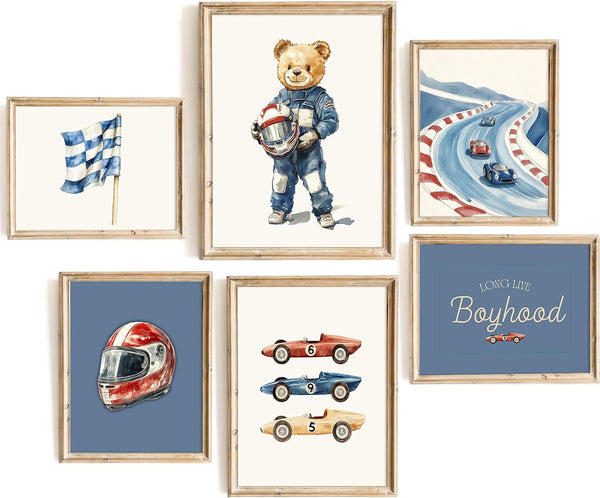 Pouydmi Nursery Race Car Wall Art Boys Room Canvas Wall Decor Vintage Nursery