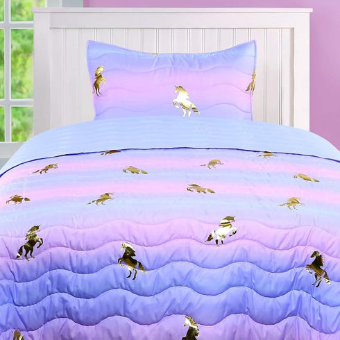 Tadpoles 2-Piece Girls Unicorn Quilt Set | Twin Bed Size Quilt & Standard Sham | 100% Micro-Denier Polyester | Metallic
