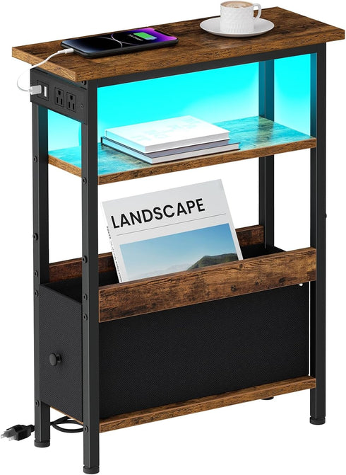 Creso hom Narrow Side Table with Charging Station and LED Light, End