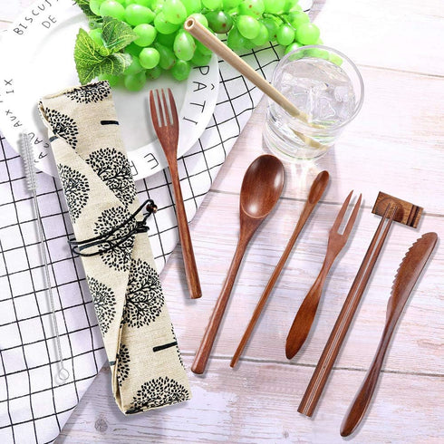 OKA Reusable Wooden Travel Cutlery Set Japanese Style Lunch Utensil Set with Case ,9 Pcs Wooden Flatware Including Reusable Knife Fork Spoon Chopsticks Straws & Cleaning Brush by OKA Directo
