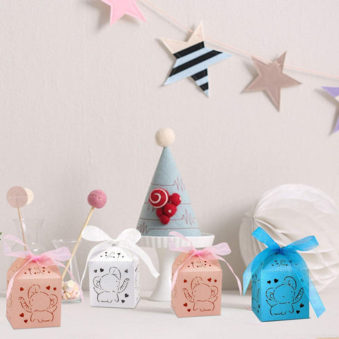 Kslong Blue Baby Shower Favor Boxes - 50Pcs Elephant Favor Boxes for Baby Boy with Ribbon for Party Decorations