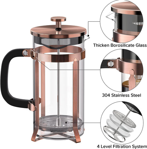 Coffee Maker, 304 Stainless Steel French Press with 4 Filters, Heat Resistant Borosilicate Glass, 21 Ounce, Copper