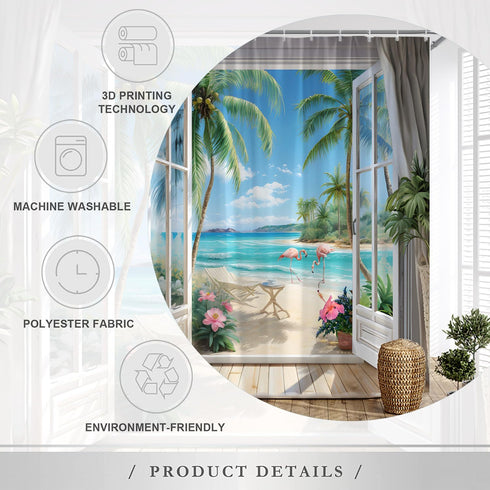 Seascape Shower Curtain - Beach Tropical Palm Trees Ocean Flamingos Coastal Nature Landscape Fabric Decor 70X70 Inch