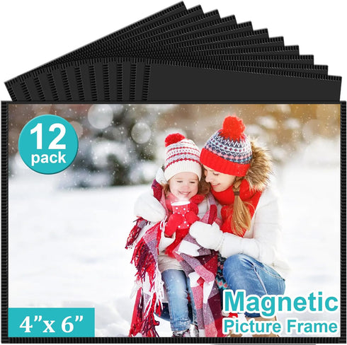 Picture Frame 12 Pack - Magnetic 4x6 inch Black Border Reusable Refrigerator Magnets for Display