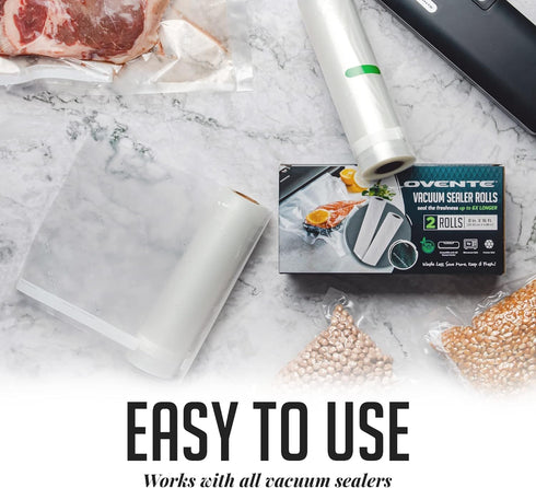 OVENTE Vacuum Sealer Roll 8” x 16”, Heavy Duty BPA-Free for Airtight Food Storage, Meal Prep, Pack of 2