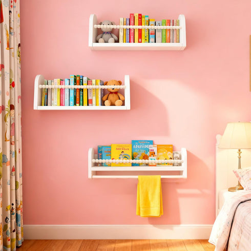 Set 3, OurWarm Nursery Book Shelves for Wall of White Natural Wood Nursery Floating Shelves with Towel Bar, Wall