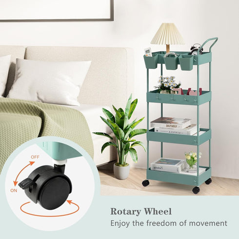 4 danpinera Slim Storage Cart on Wheels, Tier Narrow Laundry Cart with Hooks Hanging Cups Dividers Mobile Rolling Lash