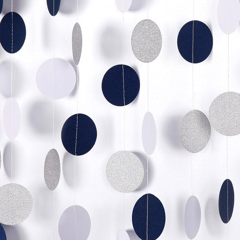 52Ft Navy Blue White Silver Paper Garland, Gender Reveal Hanging Decoration Streamer Banner for Graduation, Wedding,