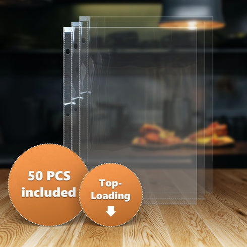 Full Size 8.5x11'' Pack of 50 Recipe Sheet Protectors for Binders, Top-Loading Clear Plastic Sleeves, Convenient Refill.