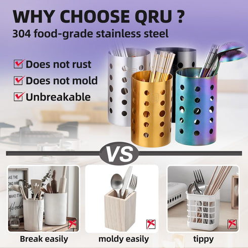 Kitchen Utensil Holder for Countertop (H6.7” x W4.1”), Stainless Steel Cooking Utensil Caddy for Tools, Spatulas, Spoons, Silverware & More, Cooking Utensil Organizer, Kitchen Decor (Rainbow)